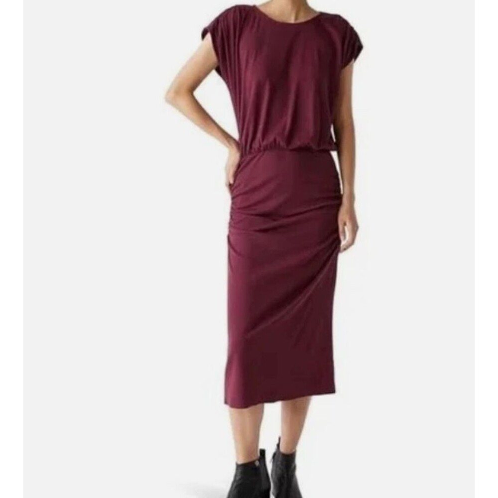 Michael Stars size L Pippa gathered empire midi dress ribbed Burgundy beet NEW